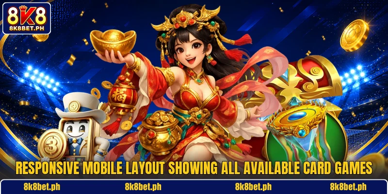 Responsive mobile layout showing all available card games Responsive mobile layout showing all available card games